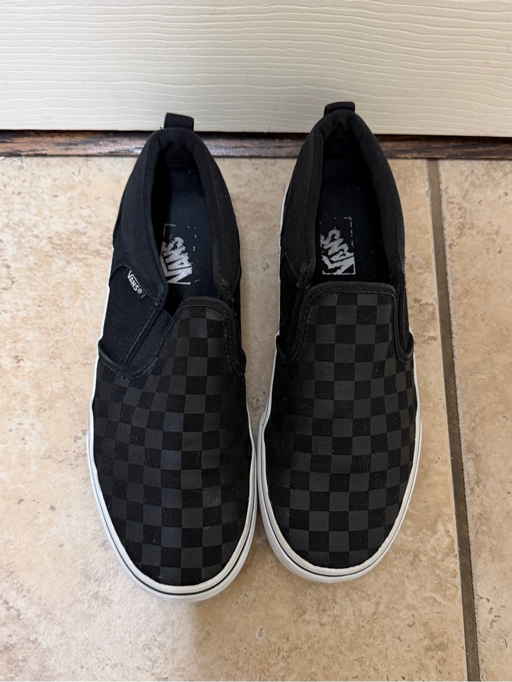 Vans Classic Slip-On Checkerboard Shoes, Black, Women’s 5